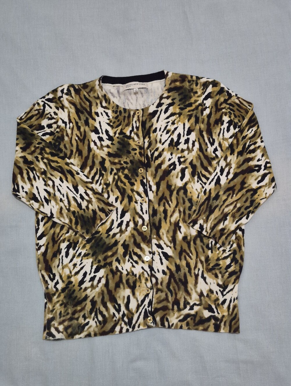 Jones New York Sport Olive Green and Brown Animal-Print Cardigan